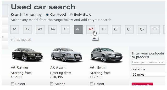 Audi Used Car website menu system with UI navigation indicators